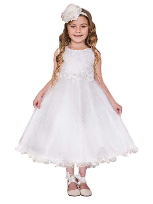Kids Dream Big Girls Off-White Floral Pearl Rhinestone Communion Dress 8-16 - SophiasStyle.com